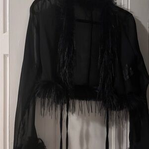 Sheer Black Feather Trim Jacket